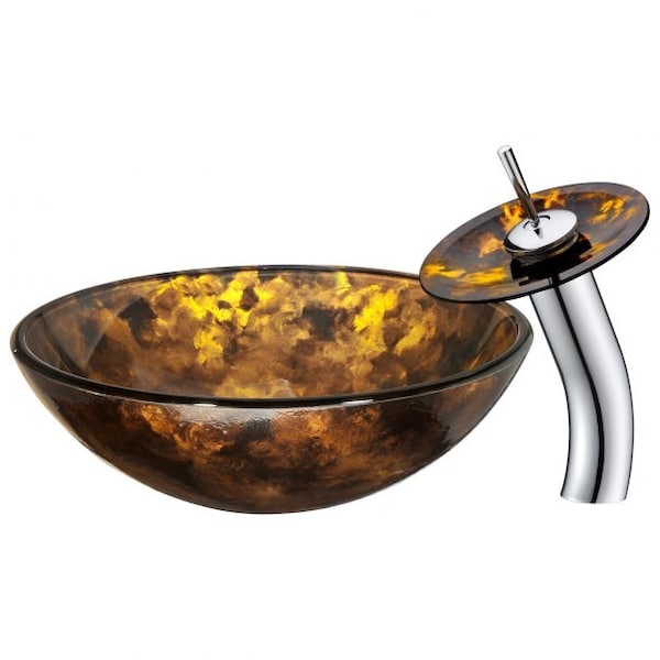 Anzzi Toa Kindled Amber Deco-Glass Vessel Sink with Matching Chrome Faucet LS-AZ8102 - main